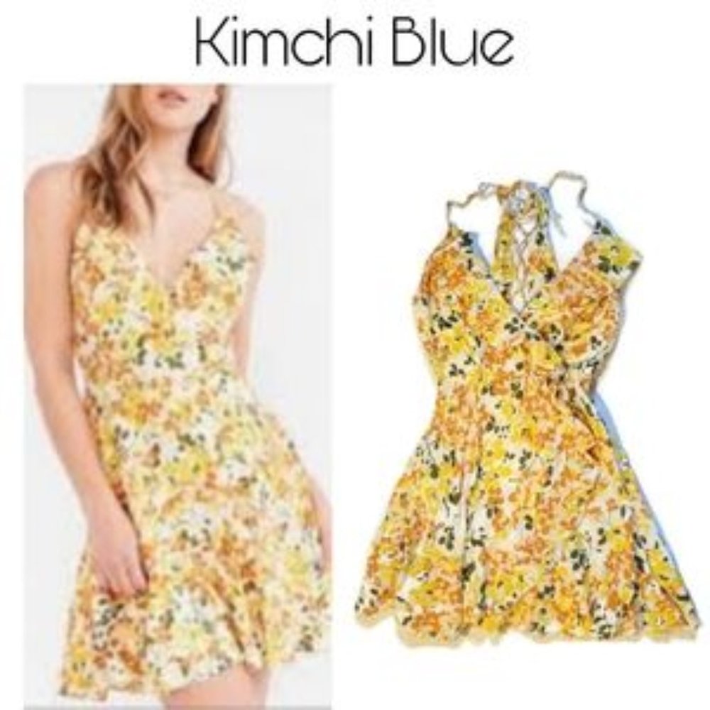 Kimchi Blue Faux Wrap Mini Yellow Floral Sundress